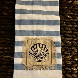 Blue and White Striped Shell Embroidered Towel